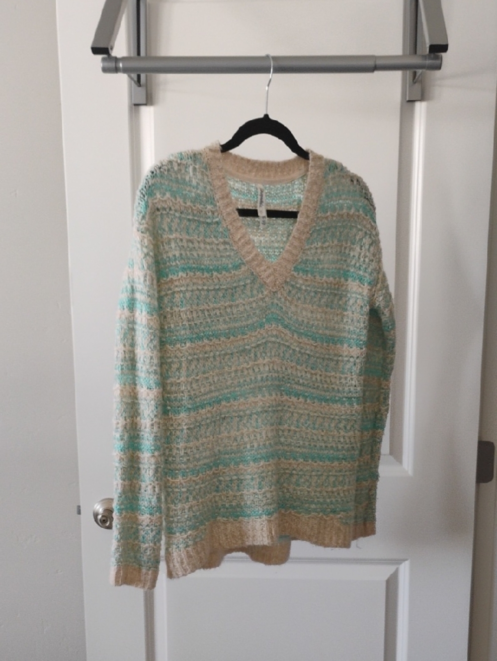 Aeropostale Cream and Aqua Striped V-Neck Sweater